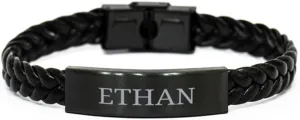 PARN'S Gifts For Ethan - Trendy Custom Name ID Plate Braided Leather Bracelet Christmas Birthday Gifts For Son Brother Dad Husband Grandson Uncle Friends Teanager Men, Engraved Adjustable