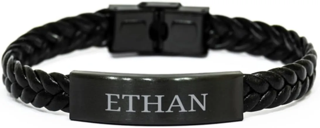 PARN'S Gifts For Ethan - Trendy Custom Name ID Plate Braided Leather Bracelet Christmas Birthday Gifts For Son Brother Dad Husband Grandson Uncle Friends Teanager Men, Engraved Adjustable