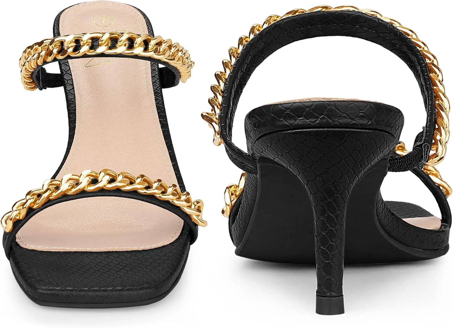 Perphy Snakeskin Print Square Toe Gold Chain Stiletto Heels Strappy Sandals for Women