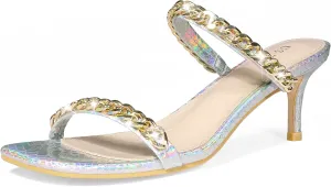 Perphy Snakeskin Print Square Toe Gold Chain Stiletto Heels Strappy Sandals for Women