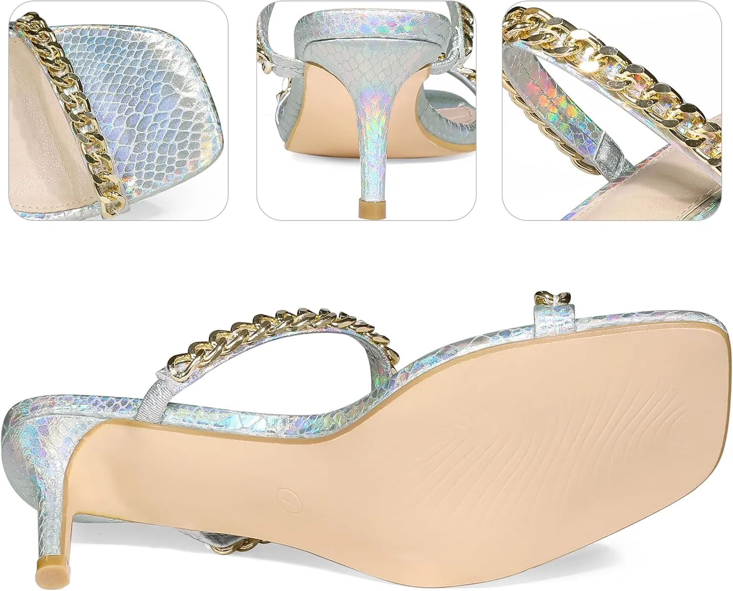 Perphy Snakeskin Print Square Toe Gold Chain Stiletto Heels Strappy Sandals for Women