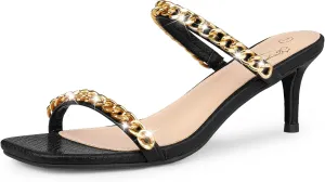 Perphy Snakeskin Print Square Toe Gold Chain Stiletto Heels Strappy Sandals for Women