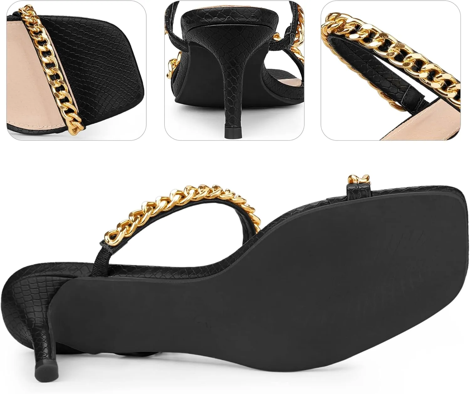 Perphy Snakeskin Print Square Toe Gold Chain Stiletto Heels Strappy Sandals for Women