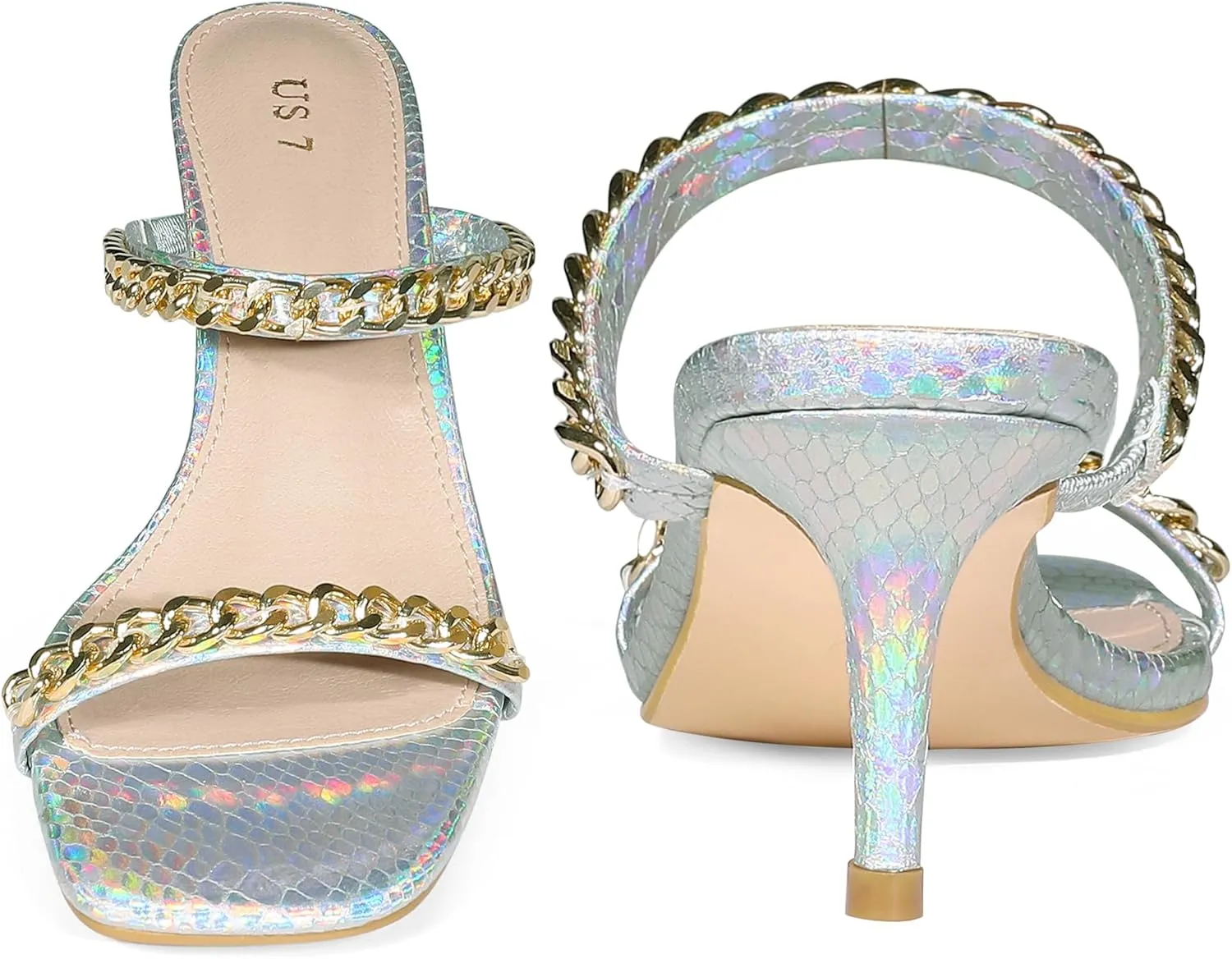 Perphy Snakeskin Print Square Toe Gold Chain Stiletto Heels Strappy Sandals for Women