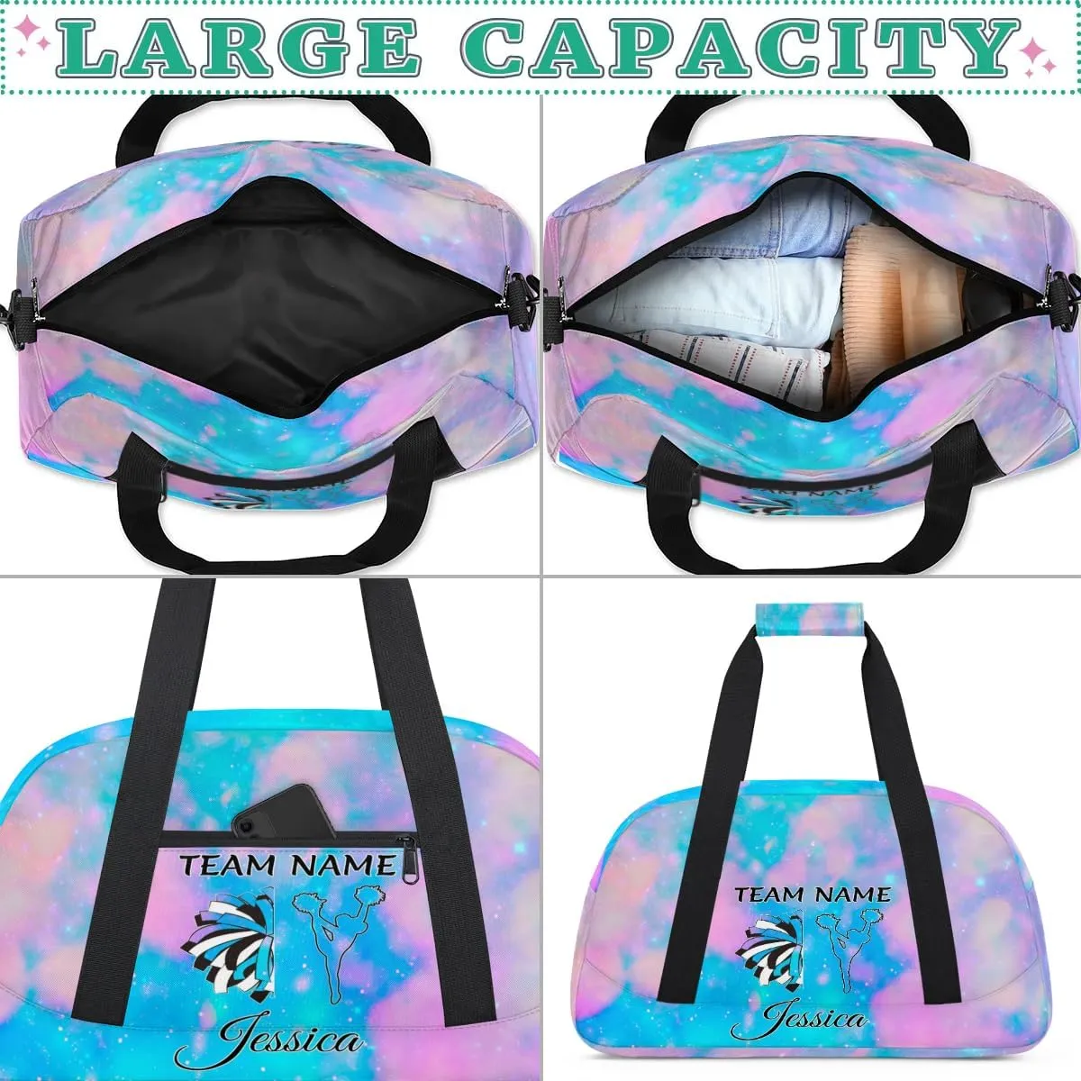 Personalised Name Cheer Bags, Custom Dancing Sports Duffle Bag Gym Cheerleading Bags Travel Duffel Perform Training Bag, Cheerleader Silhouette Overnight Weekender Bags, Silver Glitter