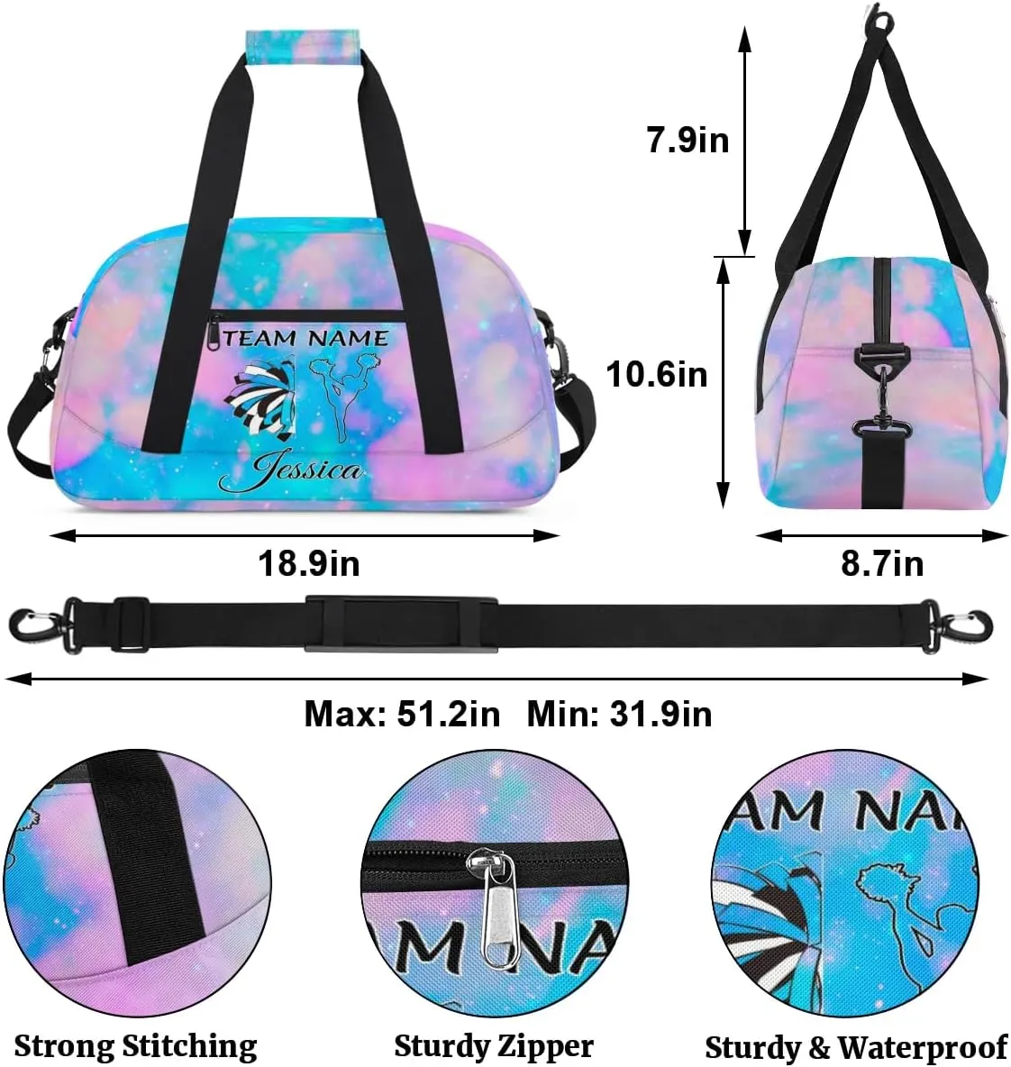 Personalised Name Cheer Bags, Custom Dancing Sports Duffle Bag Gym Cheerleading Bags Travel Duffel Perform Training Bag, Cheerleader Silhouette Overnight Weekender Bags, Silver Glitter