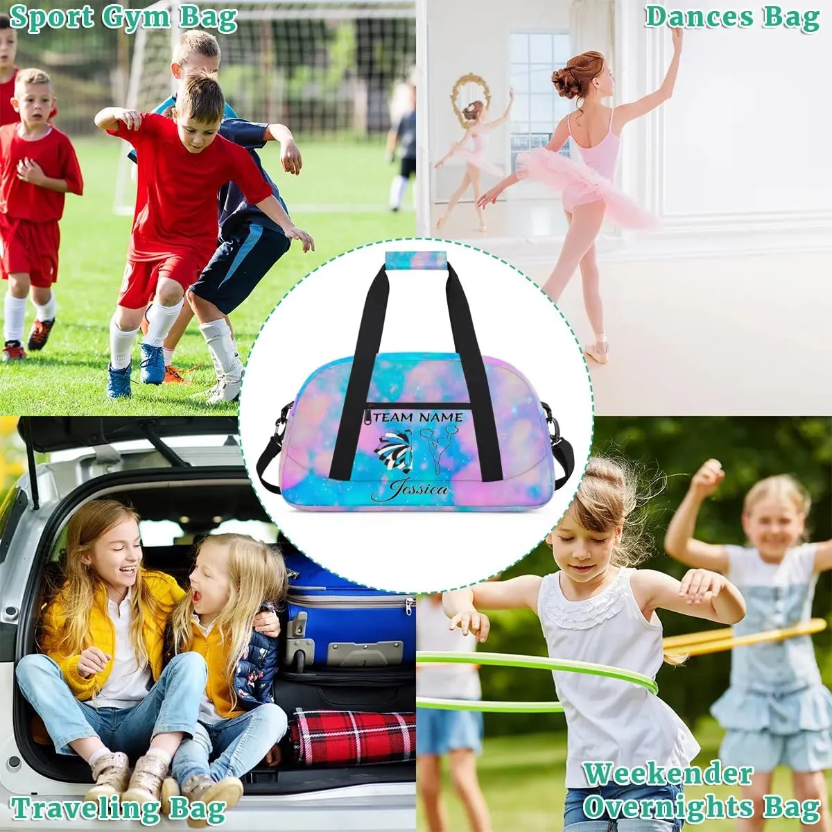 Personalised Name Cheer Bags, Custom Dancing Sports Duffle Bag Gym Cheerleading Bags Travel Duffel Perform Training Bag, Cheerleader Silhouette Overnight Weekender Bags, Silver Glitter