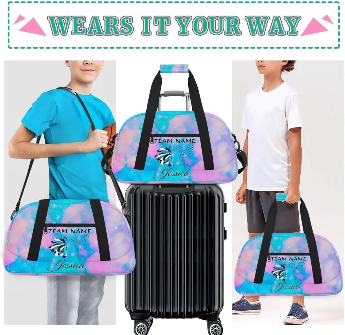 Personalised Name Cheer Bags, Custom Dancing Sports Duffle Bag Gym Cheerleading Bags Travel Duffel Perform Training Bag, Cheerleader Silhouette Overnight Weekender Bags, Silver Glitter