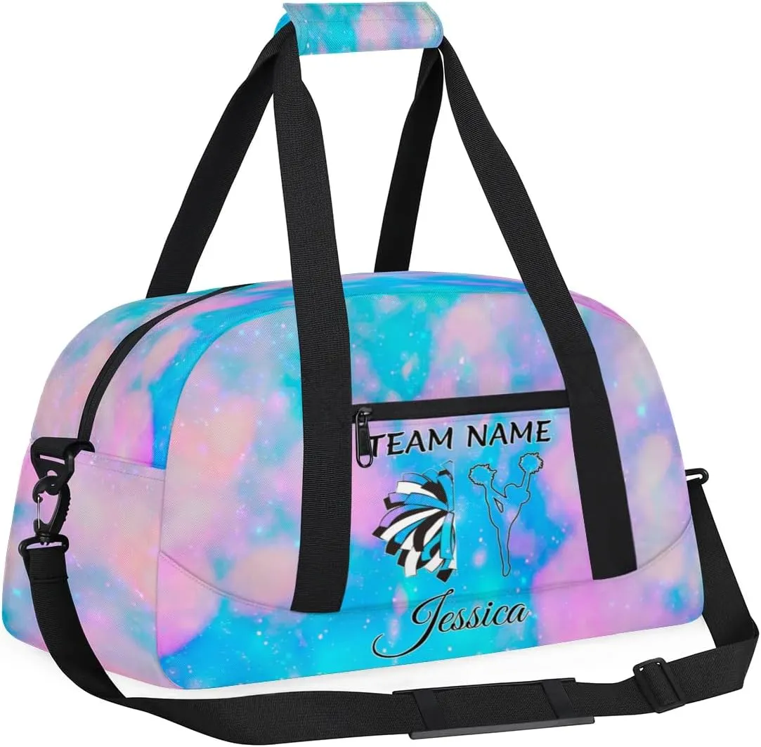 Personalised Name Cheer Bags, Custom Dancing Sports Duffle Bag Gym Cheerleading Bags Travel Duffel Perform Training Bag, Cheerleader Silhouette Overnight Weekender Bags, Silver Glitter