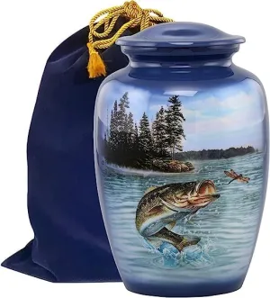 Personalized Bass Fishing Large Urn - Cremation Urn for Human Ashes Male & Female - Heart Fishing Urn - Handcrafted Funeral Memorial Urn for Adults Urn Velvet Case & Bag (Large)