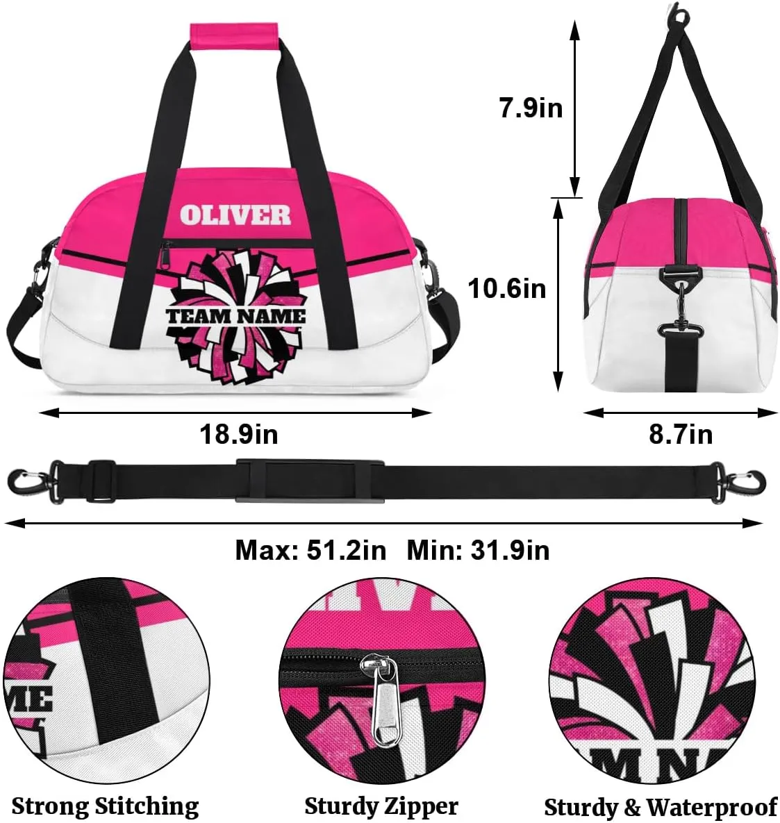 Personalized Cheerleader Bag Dance Bag for Girl, Custom Team Bag Gym Bag Sport Duffel Bag, Weekender Bags Travel Bag for Cheer Team Hot Pink Glitter Glam