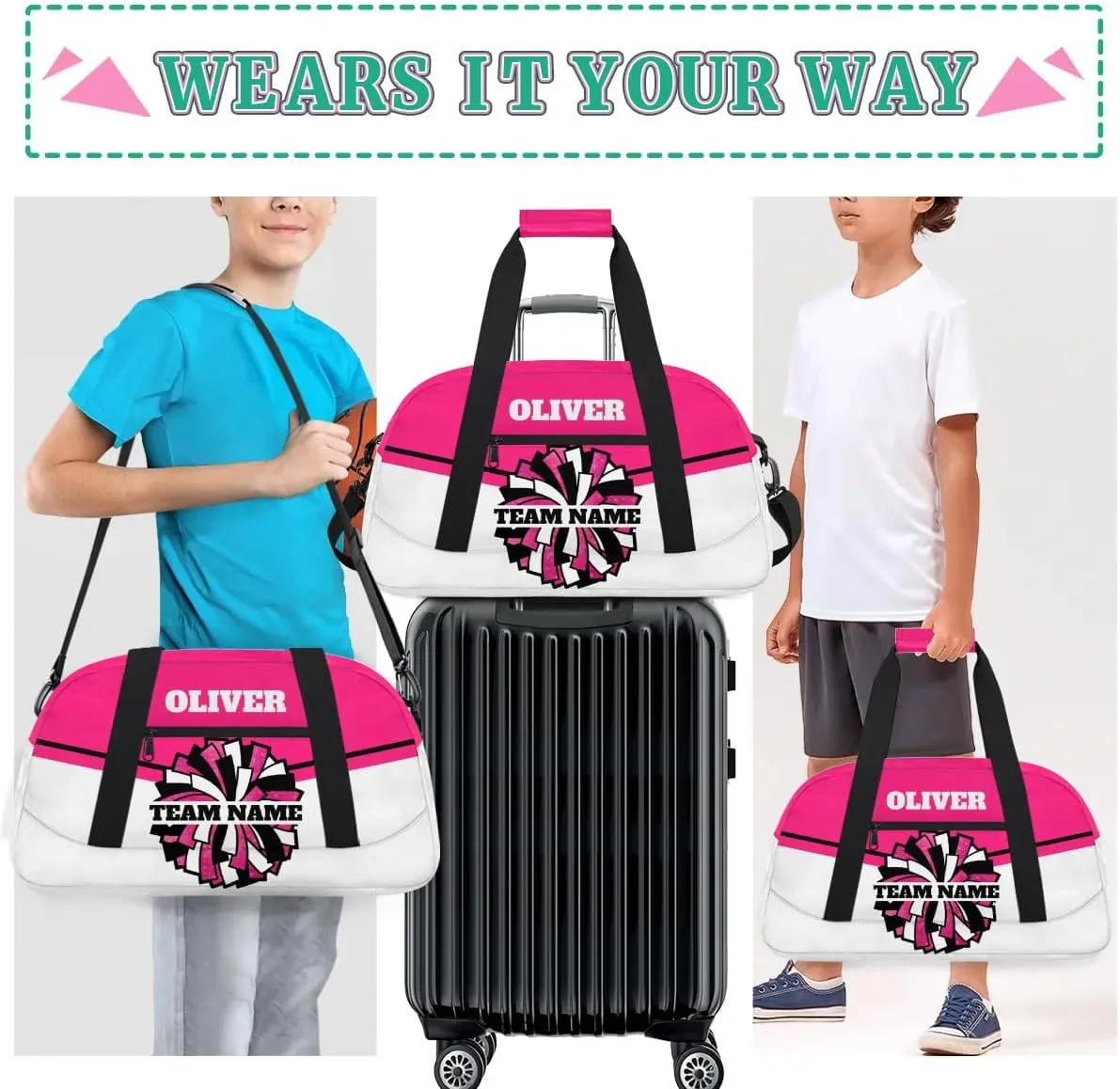 Personalized Cheerleader Bag Dance Bag for Girl, Custom Team Bag Gym Bag Sport Duffel Bag, Weekender Bags Travel Bag for Cheer Team Hot Pink Glitter Glam