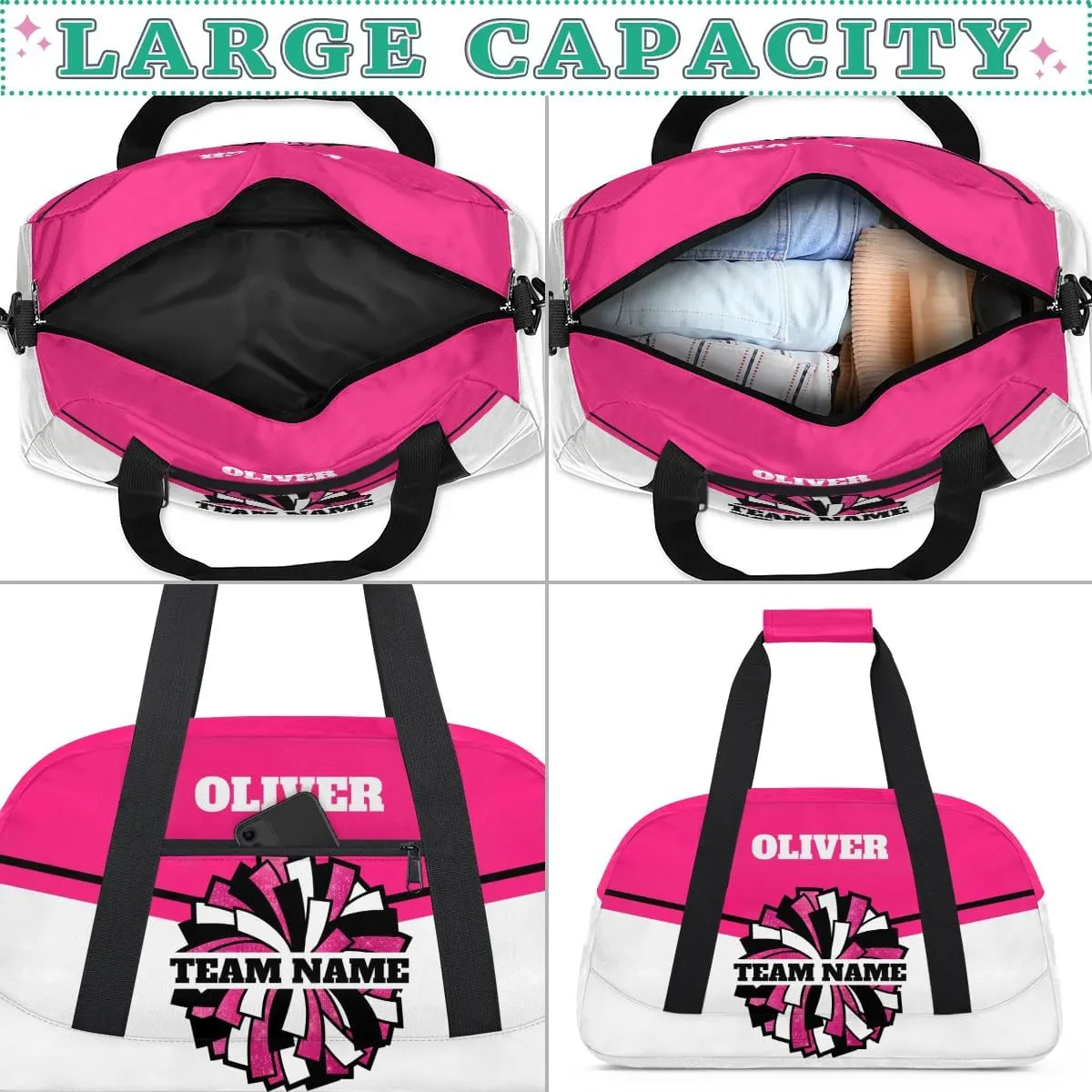 Personalized Cheerleader Bag Dance Bag for Girl, Custom Team Bag Gym Bag Sport Duffel Bag, Weekender Bags Travel Bag for Cheer Team Hot Pink Glitter Glam