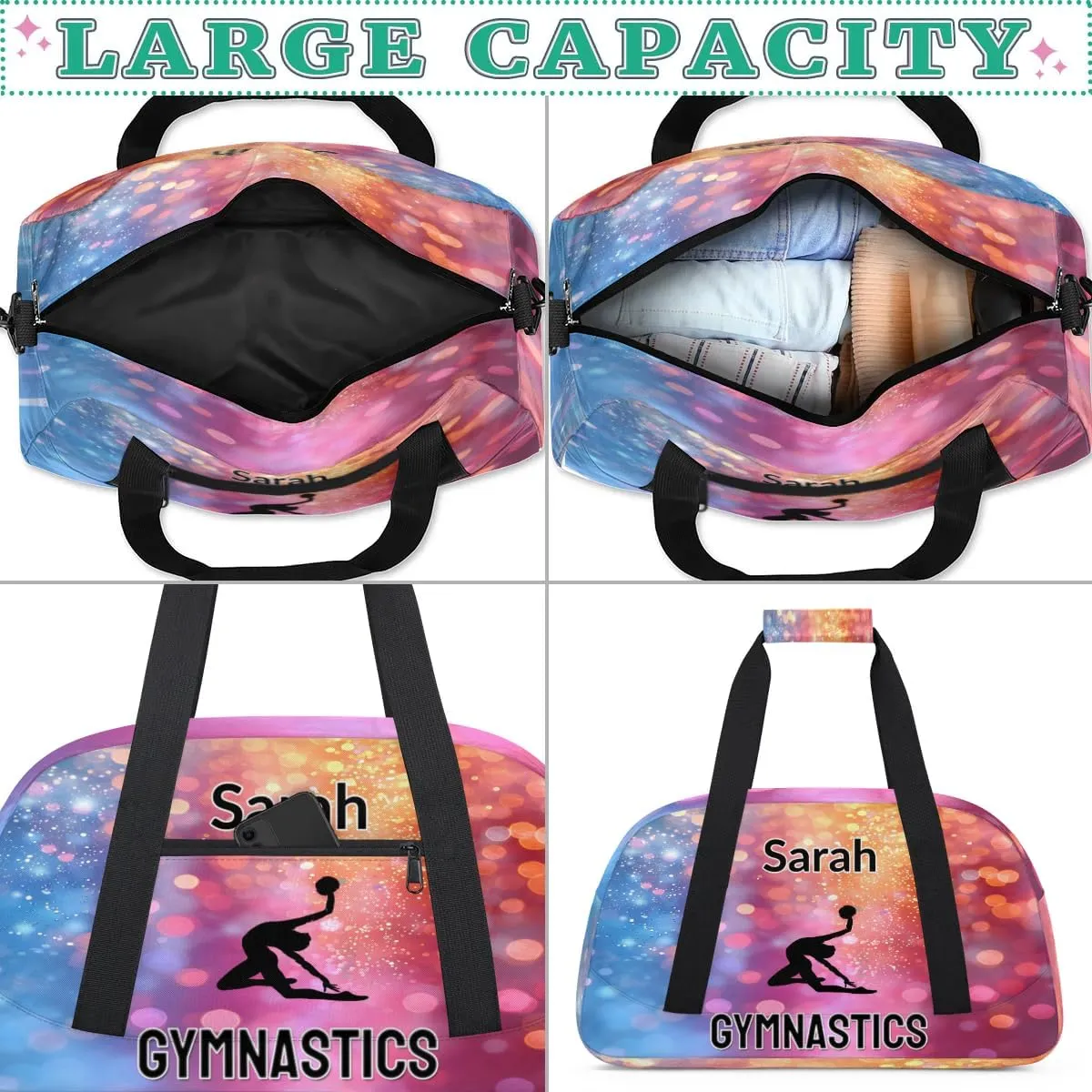 Personalized Dance Bag Gym Bag, Custom Gymnastics Sports Duffel Bags Weekender Bags Travel Duffel Bag Custom Neme Gymnastics Ballet Bag Multicolor Glitter