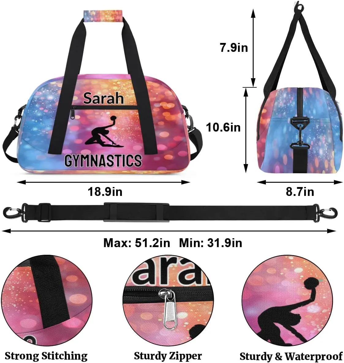 Personalized Dance Bag Gym Bag, Custom Gymnastics Sports Duffel Bags Weekender Bags Travel Duffel Bag Custom Neme Gymnastics Ballet Bag Multicolor Glitter