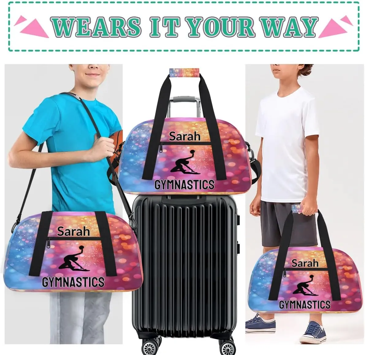 Personalized Dance Bag Gym Bag, Custom Gymnastics Sports Duffel Bags Weekender Bags Travel Duffel Bag Custom Neme Gymnastics Ballet Bag Multicolor Glitter