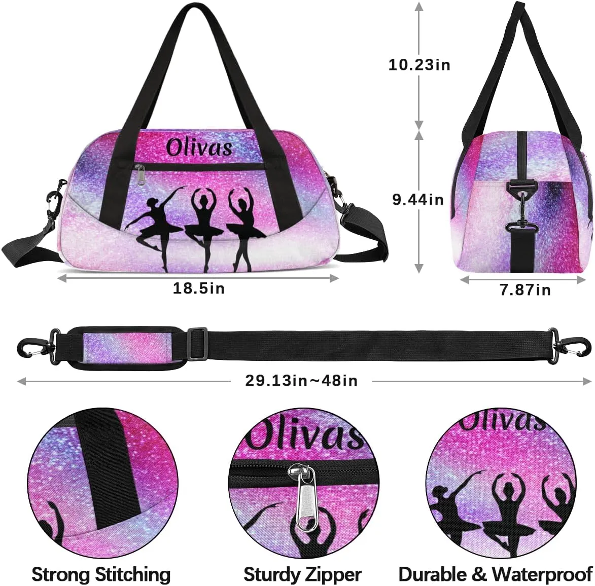 Personalized Dance Bag Gym Bag for Girl, Custom Sport Duffel Bag Weekender Bags Travel Duffel Bag Dance Galaxy Glitter