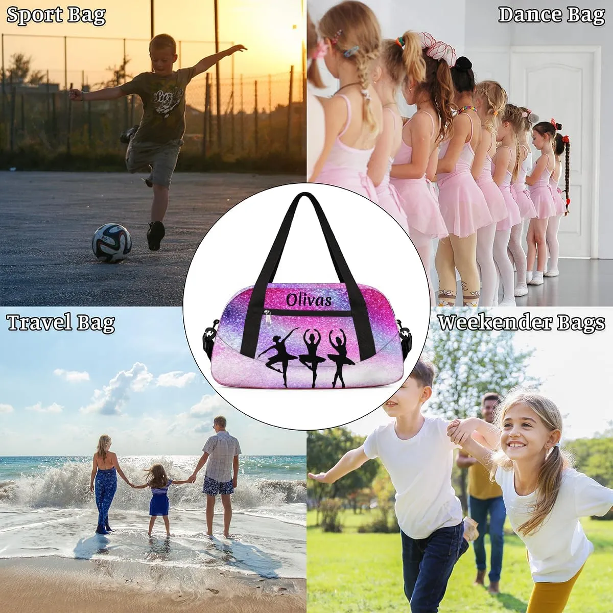 Personalized Dance Bag Gym Bag for Girl, Custom Sport Duffel Bag Weekender Bags Travel Duffel Bag Dance Galaxy Glitter