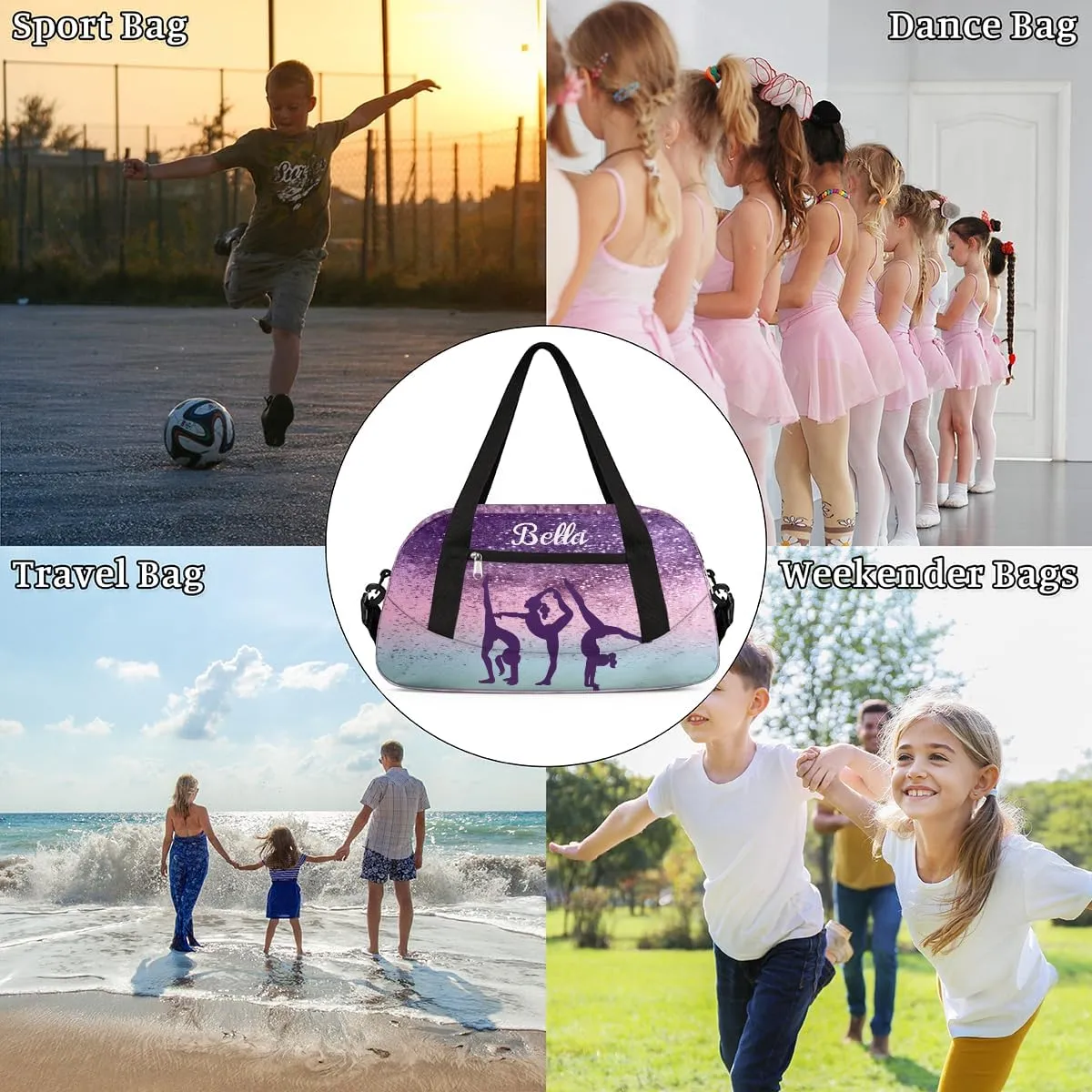 Personalized Dance Bag Gym Bag for Girl, Custom Sport Duffel Bag Weekender Bags Travel Duffel Bag Gymnastics Purple Glitter