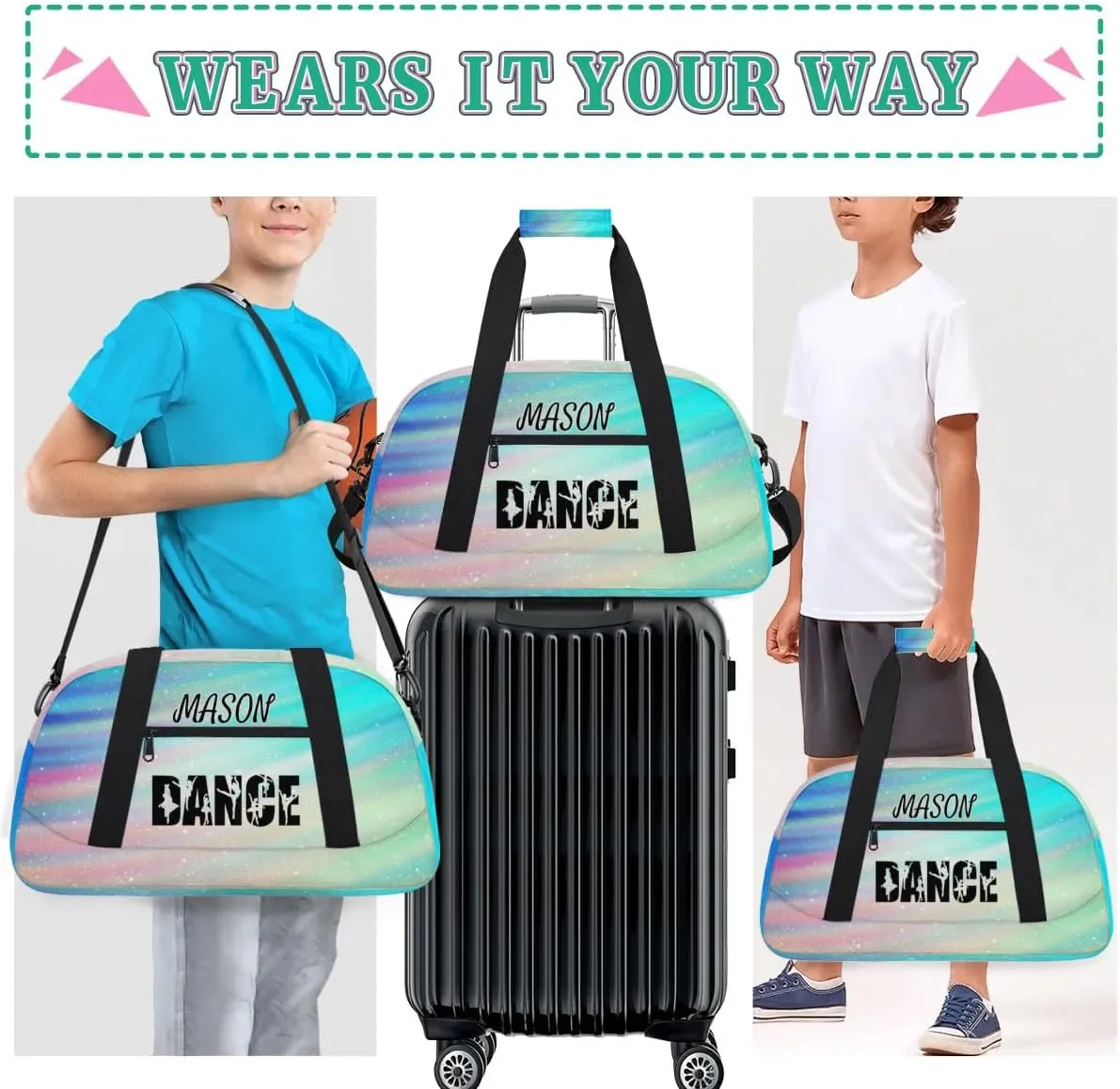 Personalized Dance Bag Gym Bag for Women, Custom Sport Duffel Bag Overnight Weekender Bags Travel Duffel Bag, Funny Rainbow Glitter