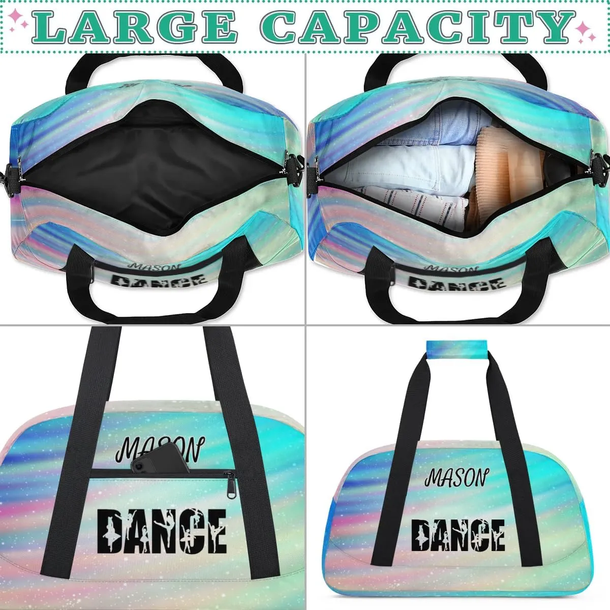 Personalized Dance Bag Gym Bag for Women, Custom Sport Duffel Bag Overnight Weekender Bags Travel Duffel Bag, Funny Rainbow Glitter