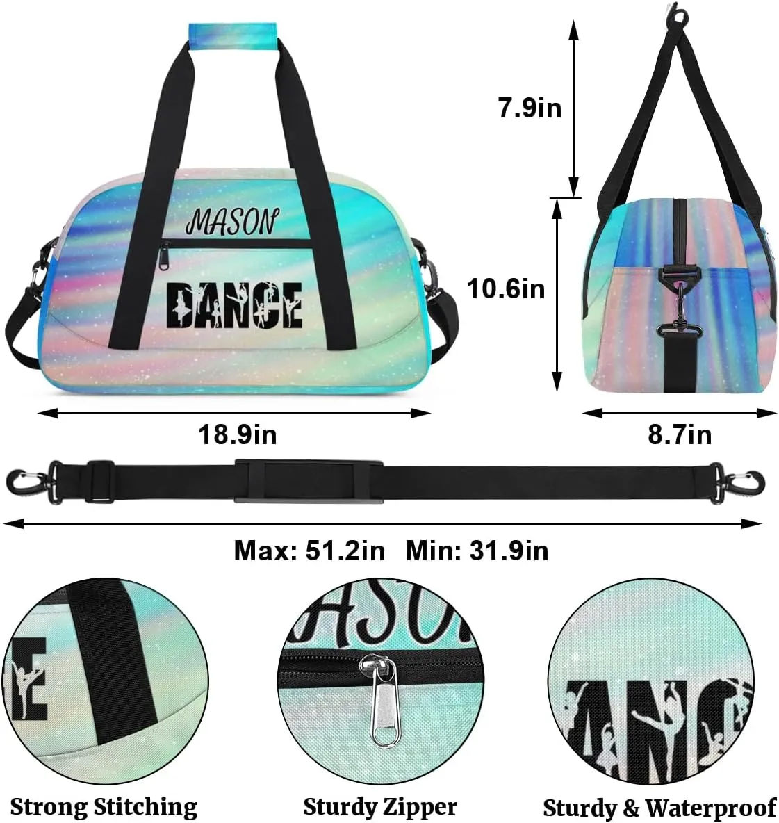 Personalized Dance Bag Gym Bag for Women, Custom Sport Duffel Bag Overnight Weekender Bags Travel Duffel Bag, Funny Rainbow Glitter