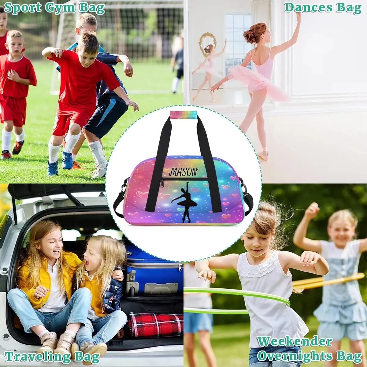 Personalized Dance Bag Gym Bag with Name for Women, Custom Dancing Sport Duffel Bag Overnight Weekender Bags Travel Duffel Bag with Dancing Silhouette, Love Glitter