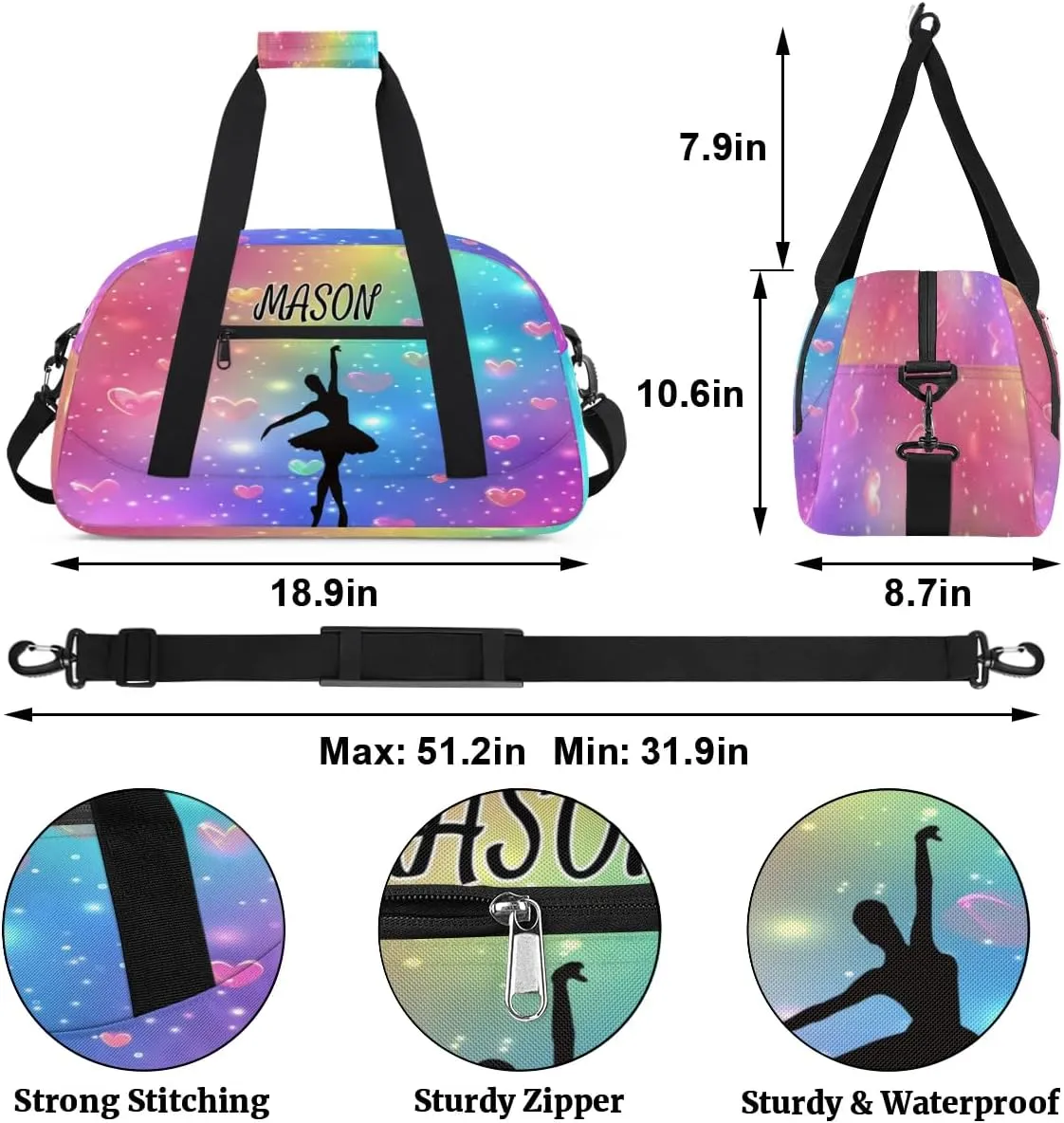 Personalized Dance Bag Gym Bag with Name for Women, Custom Dancing Sport Duffel Bag Overnight Weekender Bags Travel Duffel Bag with Dancing Silhouette, Love Glitter