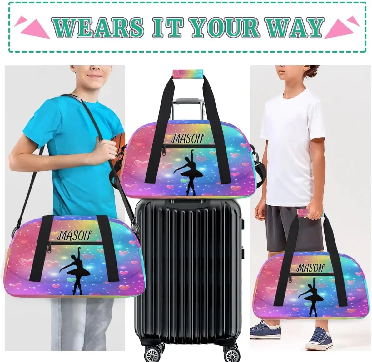 Personalized Dance Bag Gym Bag with Name for Women, Custom Dancing Sport Duffel Bag Overnight Weekender Bags Travel Duffel Bag with Dancing Silhouette, Love Glitter