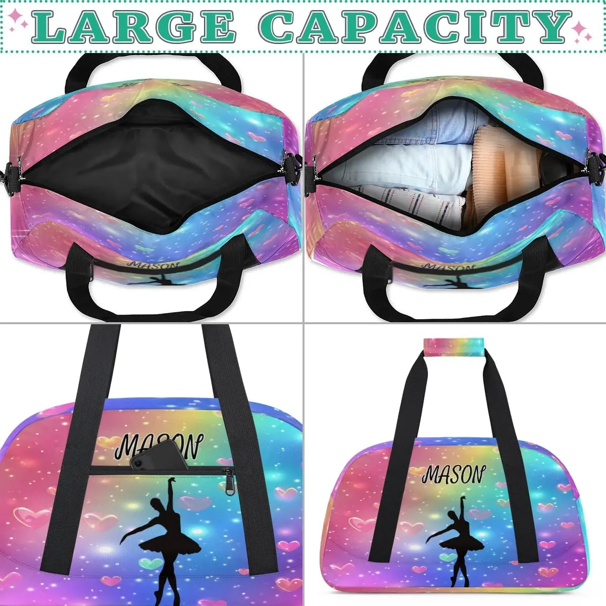 Personalized Dance Bag Gym Bag with Name for Women, Custom Dancing Sport Duffel Bag Overnight Weekender Bags Travel Duffel Bag with Dancing Silhouette, Love Glitter