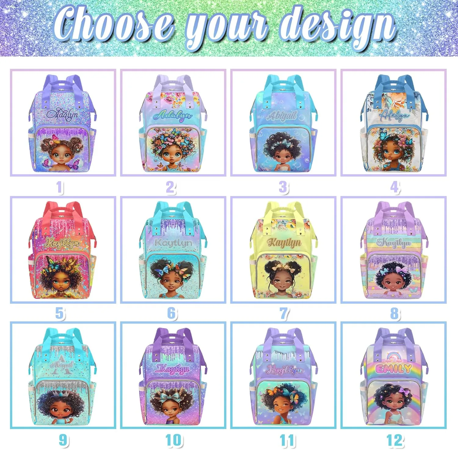 Personalized Diaper Bags for Women Men, Custom Purple Glitter Princess Diaper Backpack for Mom Wife Customized Multifunctional Travel Backpack Changing Bags for Mother