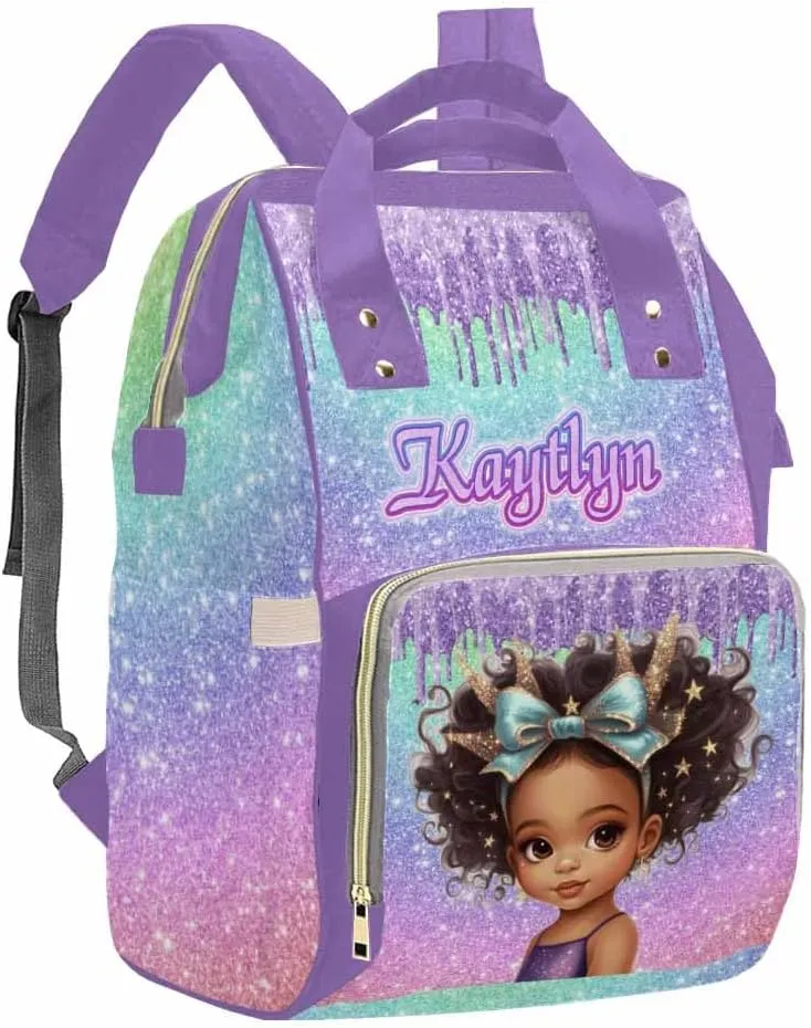 Personalized Diaper Bags for Women Men, Custom Purple Glitter Princess Diaper Backpack for Mom Wife Customized Multifunctional Travel Backpack Changing Bags for Mother