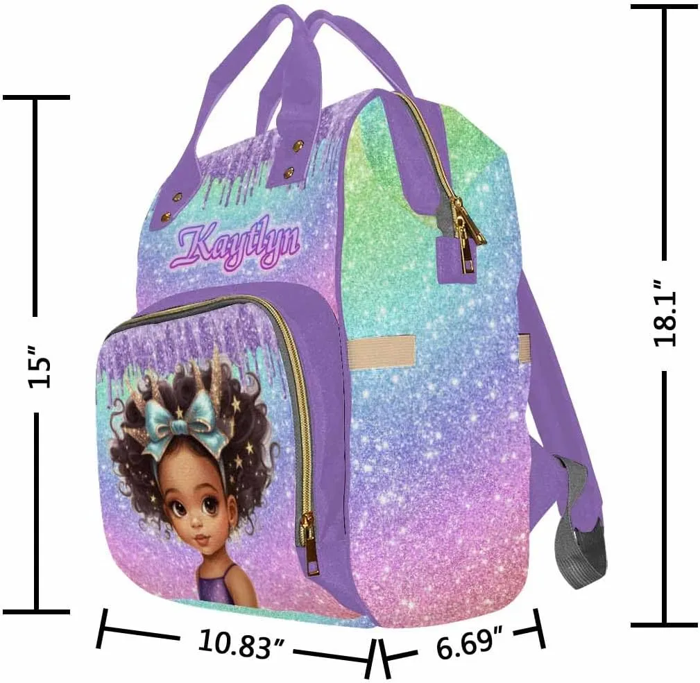 Personalized Diaper Bags for Women Men, Custom Purple Glitter Princess Diaper Backpack for Mom Wife Customized Multifunctional Travel Backpack Changing Bags for Mother