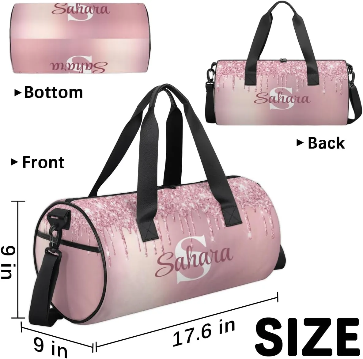 Personalized Glitter Dance Bag Duffle Bag for Girl, Custom Gymnastics Cheerleader Bag Travel Bag Sport Gym Bag Weekender Bags with Adjustable Glitter Beauty Pink