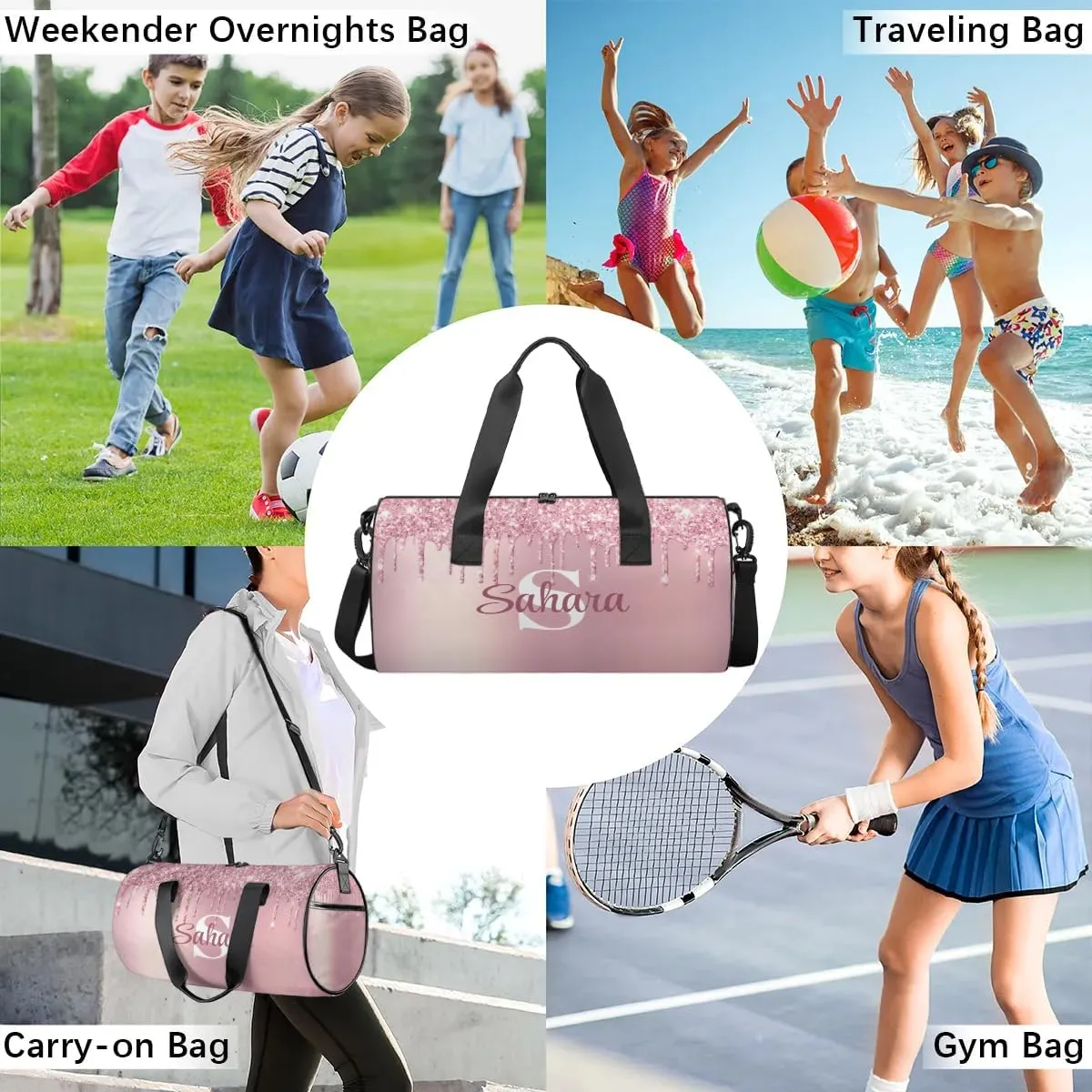 Personalized Glitter Dance Bag Duffle Bag for Girl, Custom Gymnastics Cheerleader Bag Travel Bag Sport Gym Bag Weekender Bags with Adjustable Glitter Beauty Pink