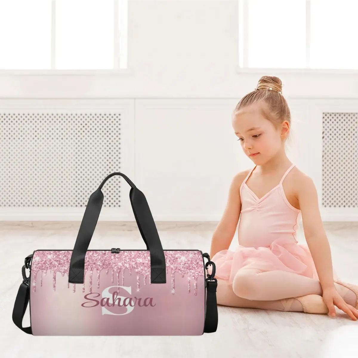 Personalized Glitter Dance Bag Duffle Bag for Girl, Custom Gymnastics Cheerleader Bag Travel Bag Sport Gym Bag Weekender Bags with Adjustable Glitter Beauty Pink