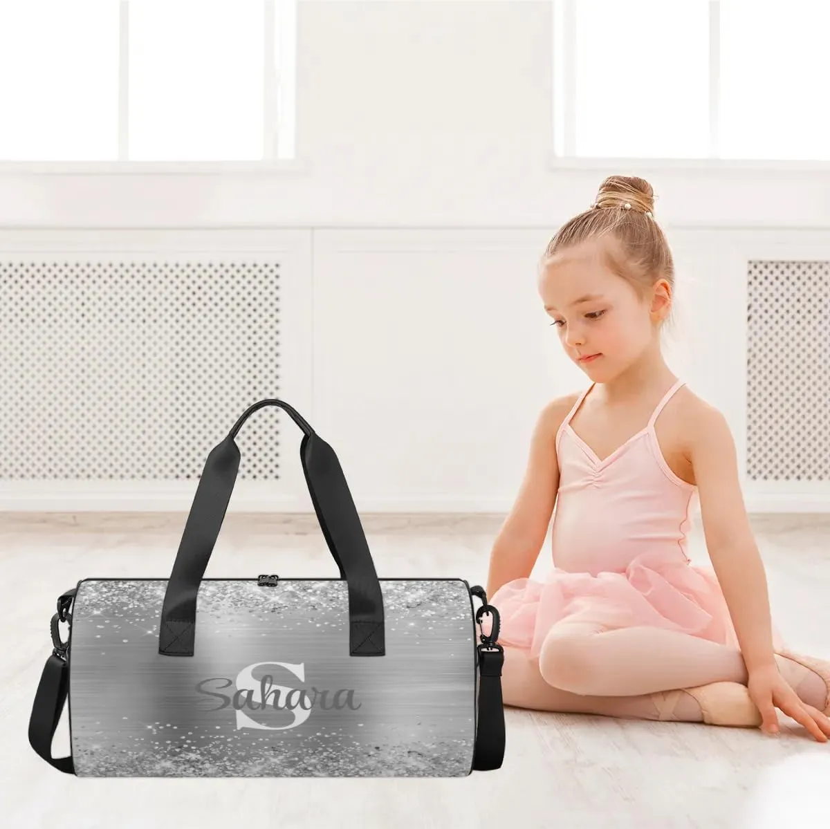 Personalized Glitter Dance Bag Duffle Bag for Girl, Custom Gymnastics Cheerleader Bag Travel Bag Sport Gym Bag Weekender Bags with Adjustable Glittery Sliver Foil