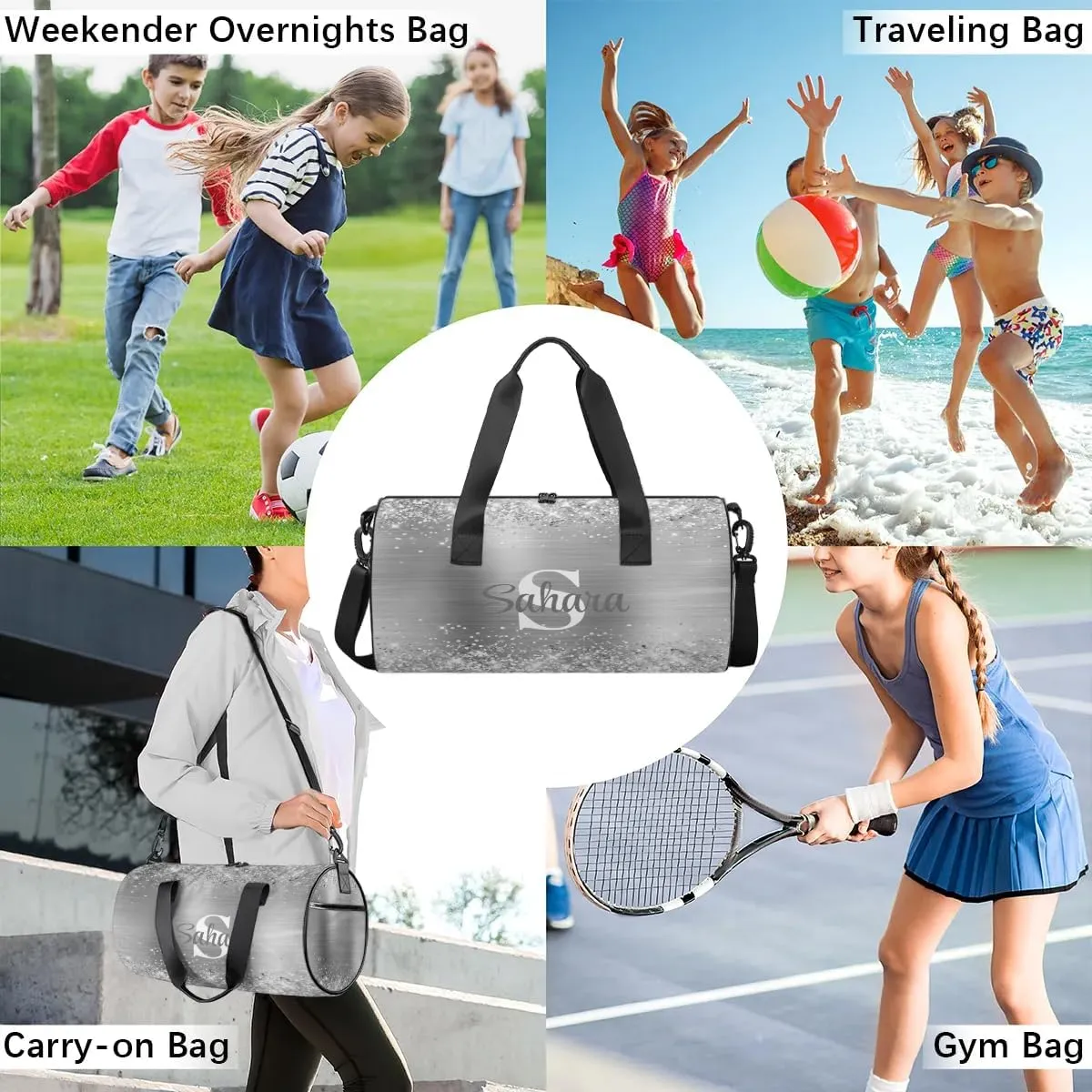 Personalized Glitter Dance Bag Duffle Bag for Girl, Custom Gymnastics Cheerleader Bag Travel Bag Sport Gym Bag Weekender Bags with Adjustable Glittery Sliver Foil
