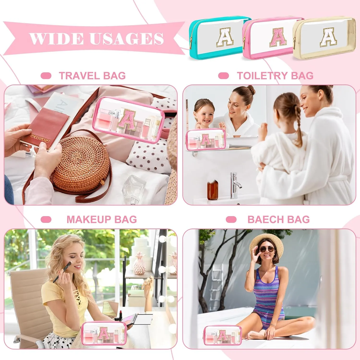 Personalized Initial Letter Clear Makeup Bag,Preppy Small Nylon&PVC Cosmetic Zipper Bag with Chenille Letter,Portable Beach Travel Skincare Toiletry Bag,Trendy Monogram Gift for Teen Girls Women,A