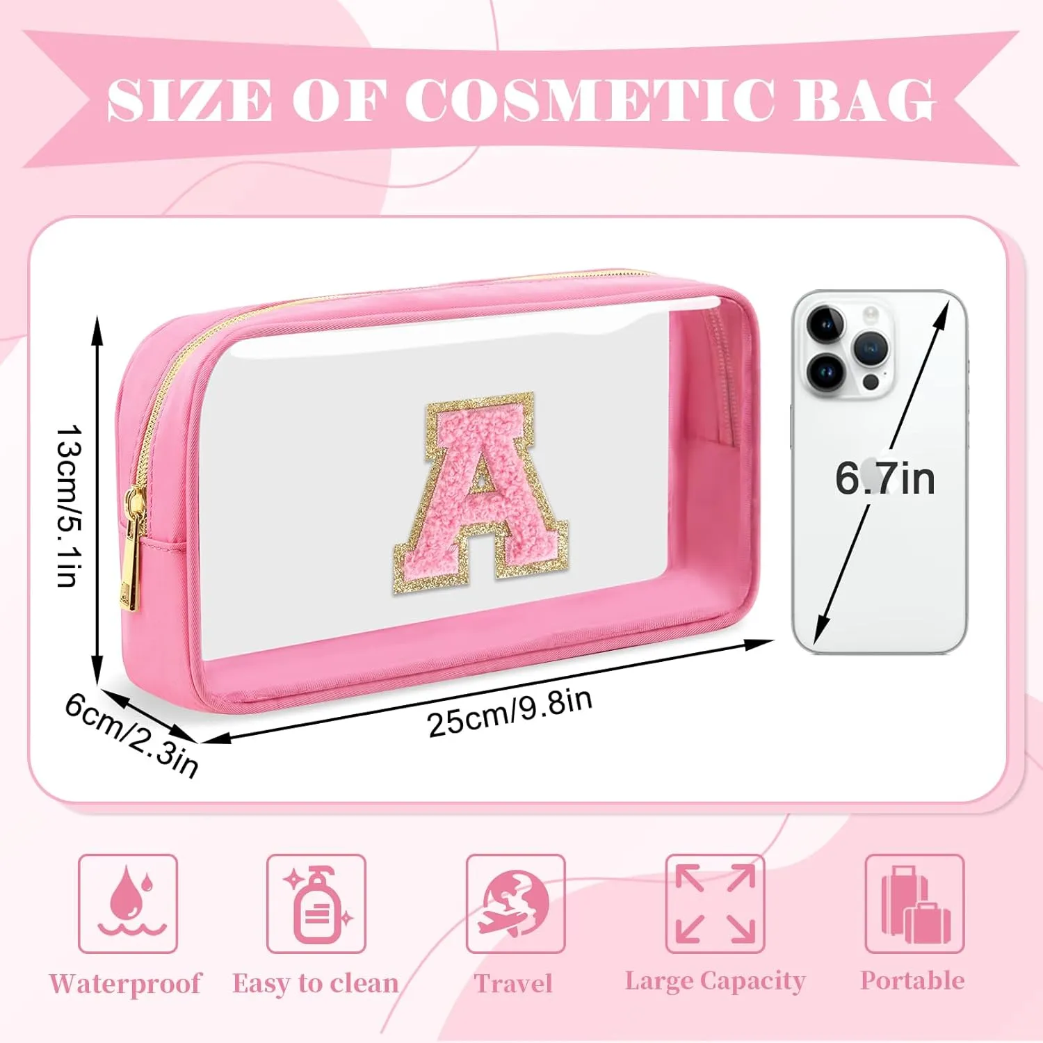 Personalized Initial Letter Clear Makeup Bag,Preppy Small Nylon&PVC Cosmetic Zipper Bag with Chenille Letter,Portable Beach Travel Skincare Toiletry Bag,Trendy Monogram Gift for Teen Girls Women,A