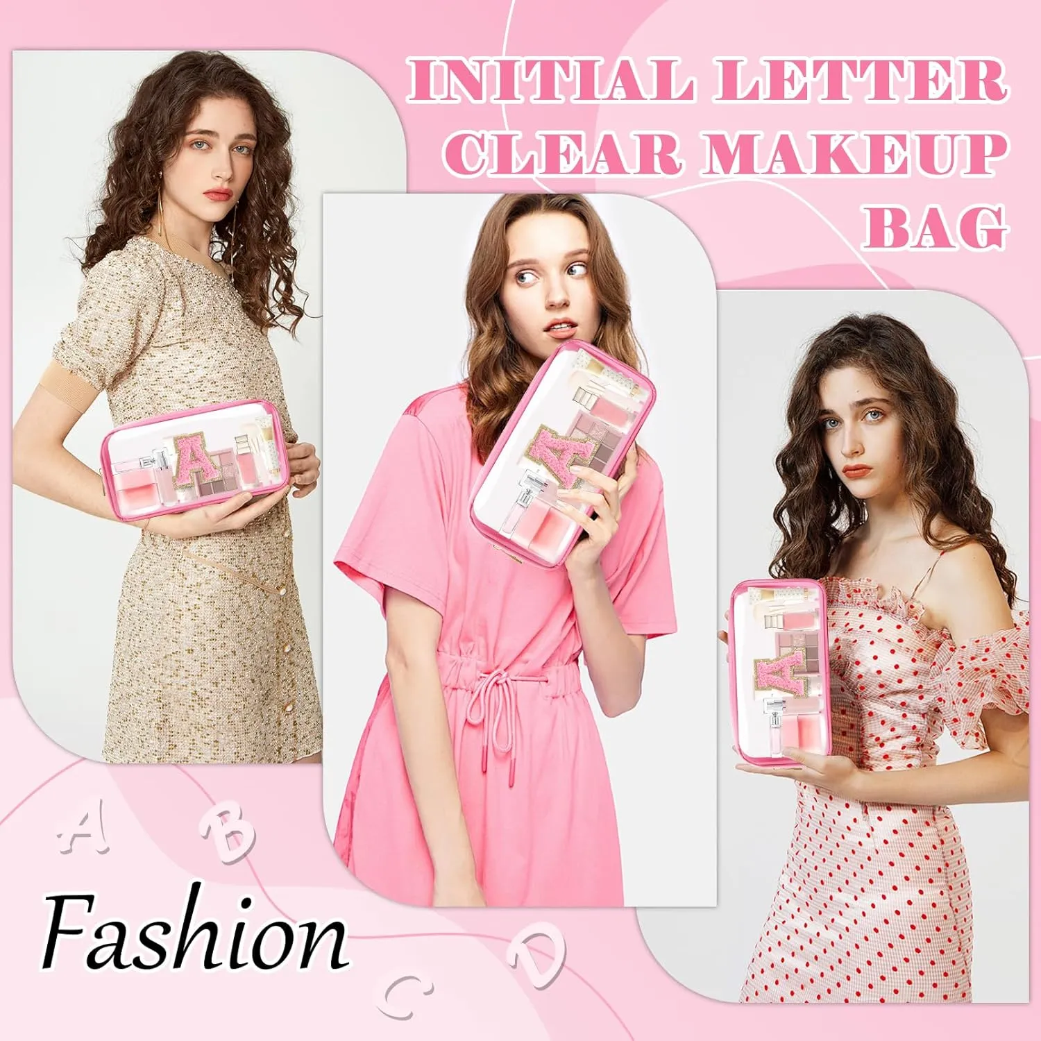 Personalized Initial Letter Clear Makeup Bag,Preppy Small Nylon&PVC Cosmetic Zipper Bag with Chenille Letter,Portable Beach Travel Skincare Toiletry Bag,Trendy Monogram Gift for Teen Girls Women,A