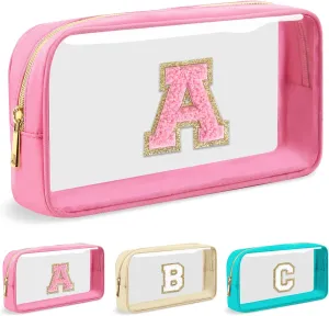 Personalized Initial Letter Clear Makeup Bag,Preppy Small Nylon&PVC Cosmetic Zipper Bag with Chenille Letter,Portable Beach Travel Skincare Toiletry Bag,Trendy Monogram Gift for Teen Girls Women,A