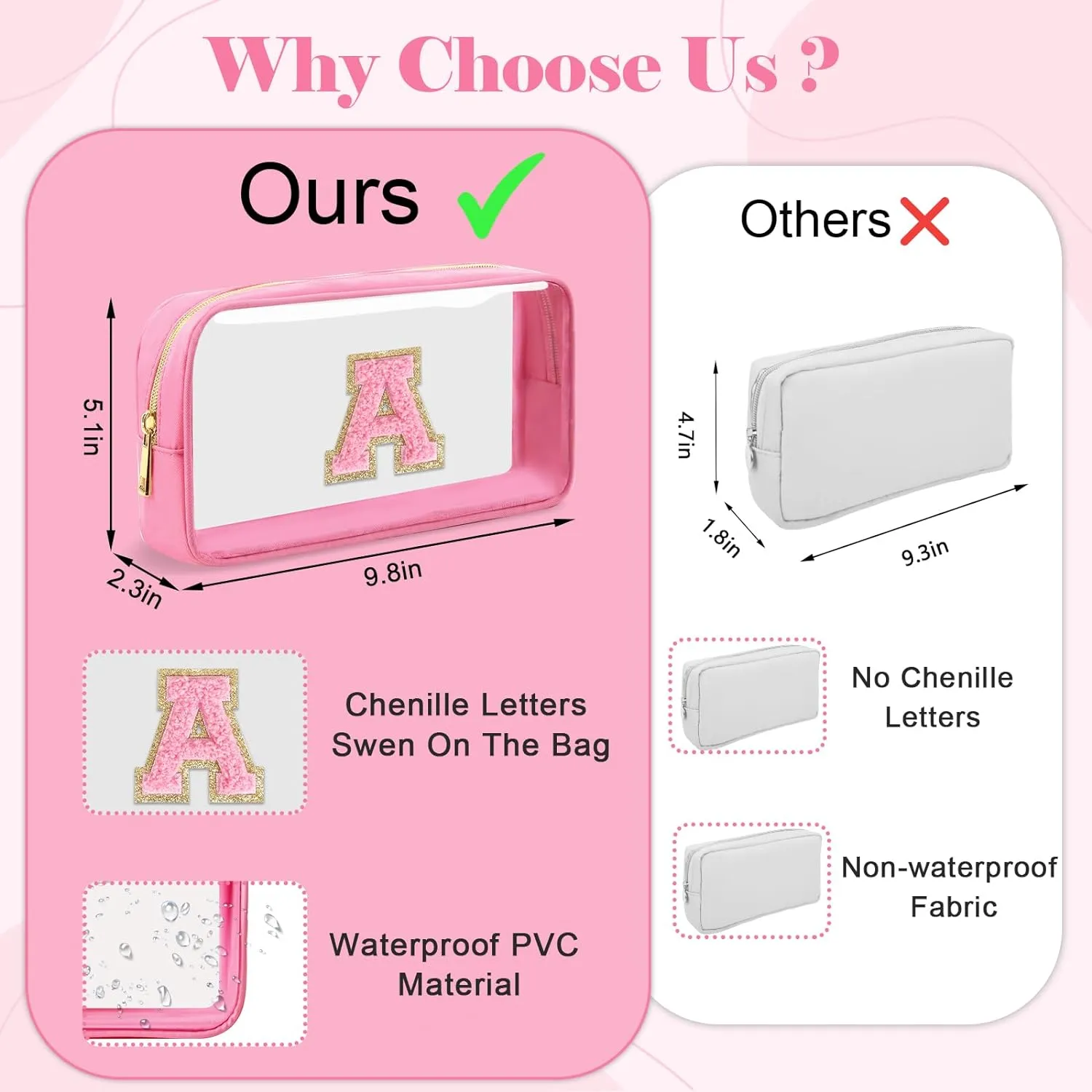 Personalized Initial Letter Clear Makeup Bag,Preppy Small Nylon&PVC Cosmetic Zipper Bag with Chenille Letter,Portable Beach Travel Skincare Toiletry Bag,Trendy Monogram Gift for Teen Girls Women,A