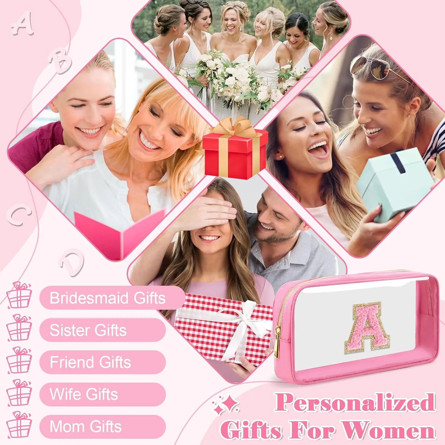 Personalized Initial Letter Clear Makeup Bag,Preppy Small Nylon&PVC Cosmetic Zipper Bag with Chenille Letter,Portable Beach Travel Skincare Toiletry Bag,Trendy Monogram Gift for Teen Girls Women,A