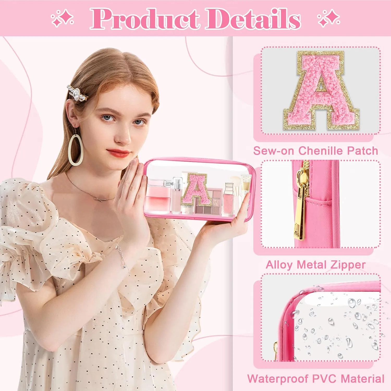 Personalized Initial Letter Clear Makeup Bag,Preppy Small Nylon&PVC Cosmetic Zipper Bag with Chenille Letter,Portable Beach Travel Skincare Toiletry Bag,Trendy Monogram Gift for Teen Girls Women,A