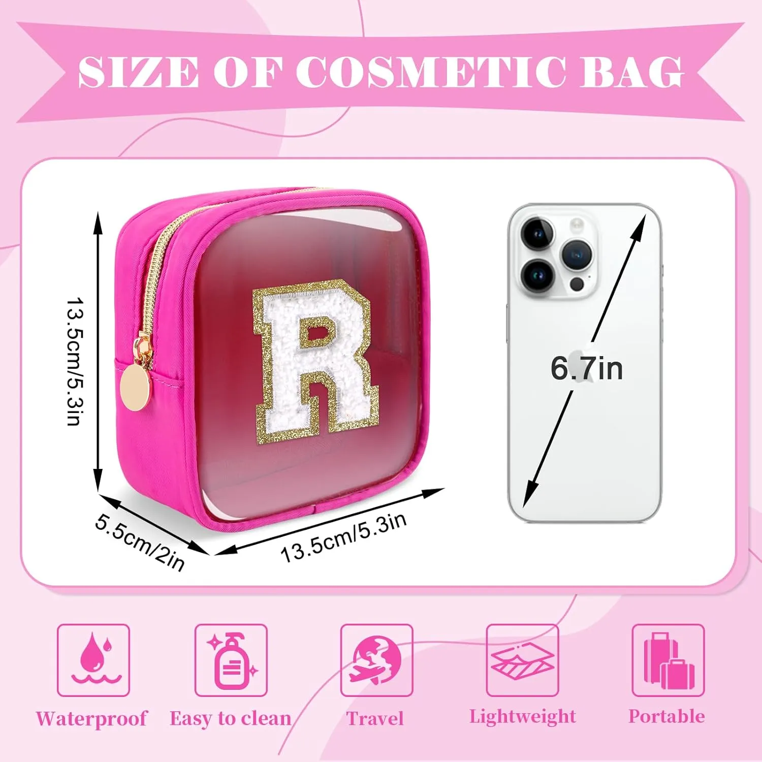 Personalized Initial Letter Clear Preppy Makeup Bag,Mini Nylon Chenille Letter Cosmetic Bag Cute Zipper Pouch Coin Purse for Teen Girls,Portable TSA Approved Travel Essentials Bag Gift for Women,R