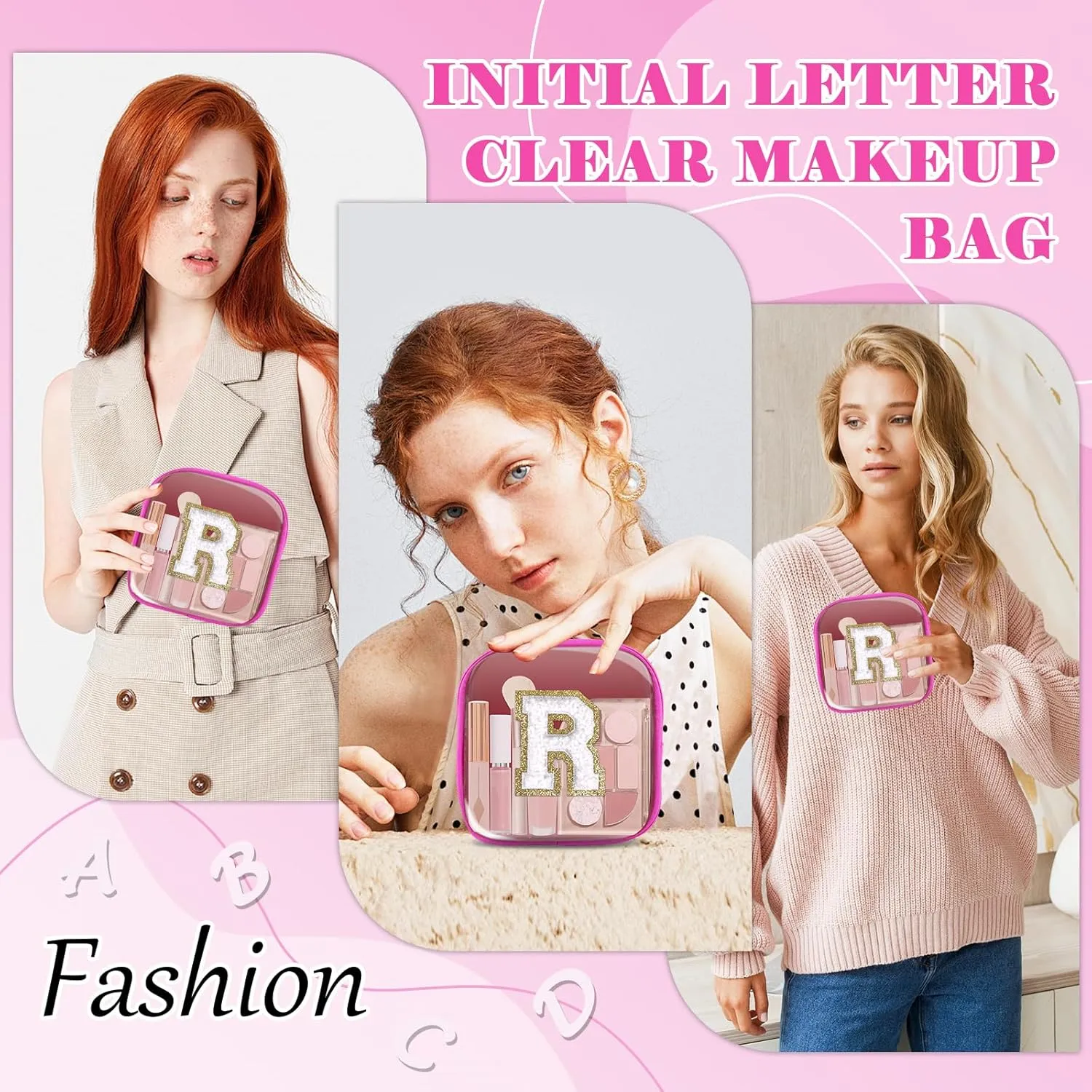 Personalized Initial Letter Clear Preppy Makeup Bag,Mini Nylon Chenille Letter Cosmetic Bag Cute Zipper Pouch Coin Purse for Teen Girls,Portable TSA Approved Travel Essentials Bag Gift for Women,R