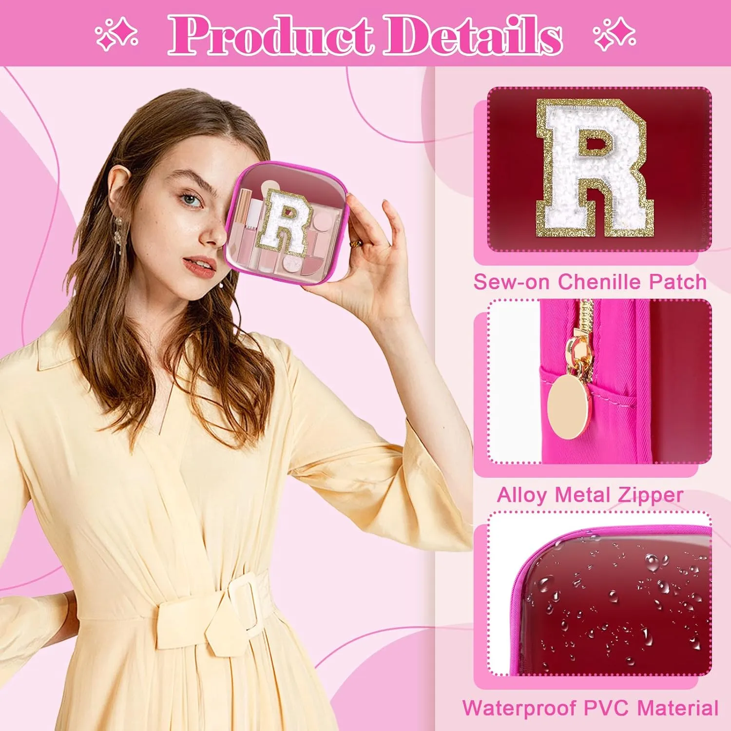 Personalized Initial Letter Clear Preppy Makeup Bag,Mini Nylon Chenille Letter Cosmetic Bag Cute Zipper Pouch Coin Purse for Teen Girls,Portable TSA Approved Travel Essentials Bag Gift for Women,R