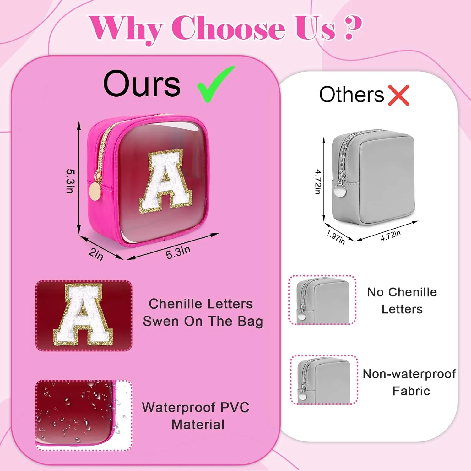 Personalized Initial Letter Clear Preppy Makeup Bag,Mini Nylon Chenille Letter Cosmetic Bag Cute Zipper Pouch Coin Purse for Teen Girls,Portable TSA Approved Travel Essentials Bag Gift for Women,R