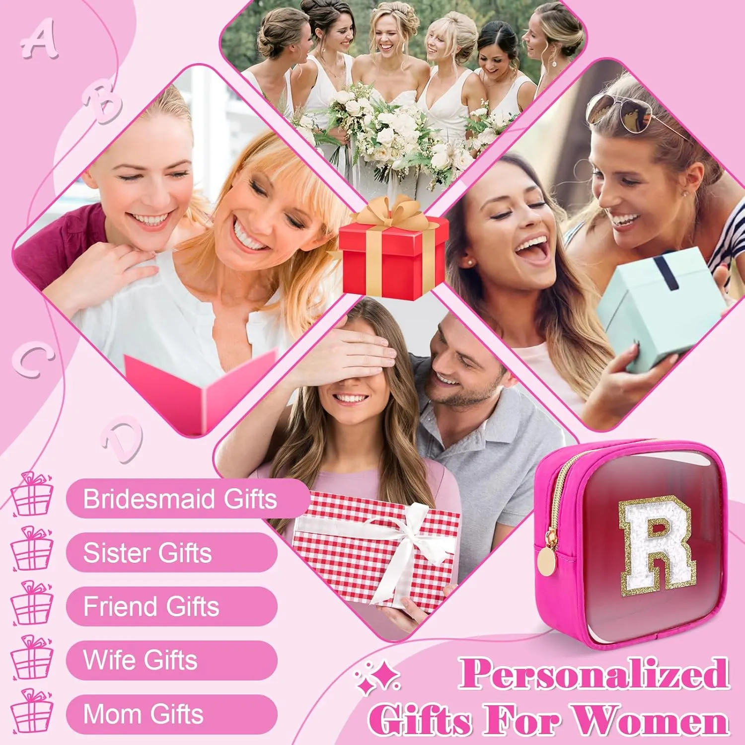 Personalized Initial Letter Clear Preppy Makeup Bag,Mini Nylon Chenille Letter Cosmetic Bag Cute Zipper Pouch Coin Purse for Teen Girls,Portable TSA Approved Travel Essentials Bag Gift for Women,R